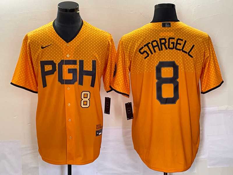 Men%27s Pittsburgh Pirates #8 Willie Stargell Number Gold 2023 City Connect Stitched Jersey 2